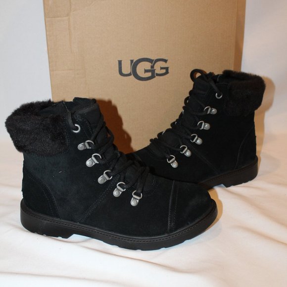 NIB UGG YOUTH 5 6 WOMENS 6.5-7 7.5-8 WATERPROOF BLACK SUEDE ANKLE BOOTS - Picture 1 of 8